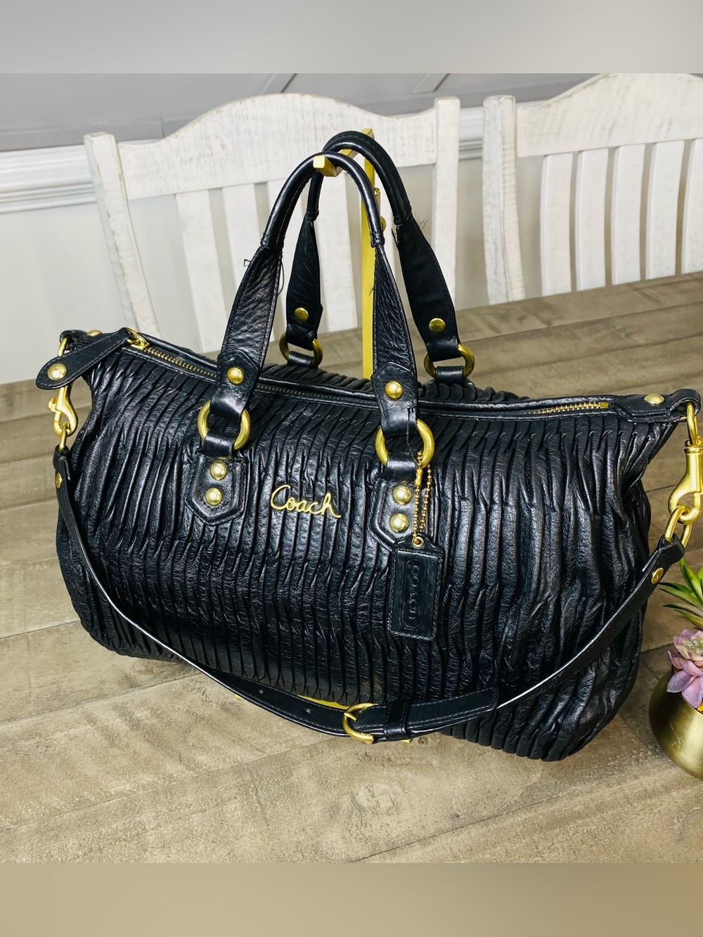 Coach Ashley Black Gathered Leather Satchel Bag F17647 Ruched Gold Hardware - Picture 3 of 14